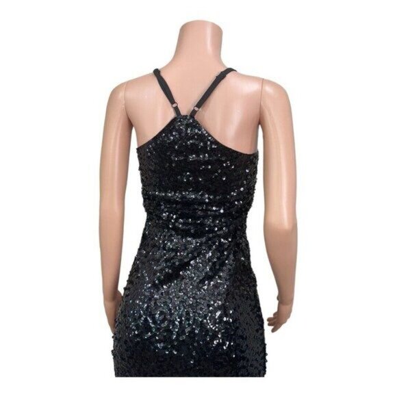 Black Sequin Mini Bodycon Dress With Adjustable Spaghetti Straps - Picture 6 of 13